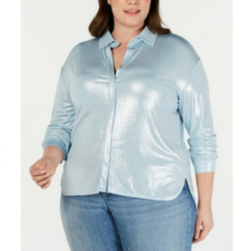 INC International Hidden Button Up High Low Blouse Shimmer Blue Size 0X